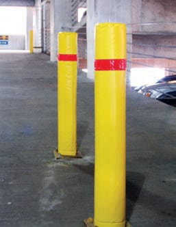 Padded cushioned bollard cover wrapping a 4.5 inch bollard for impact protection - Park Supplier